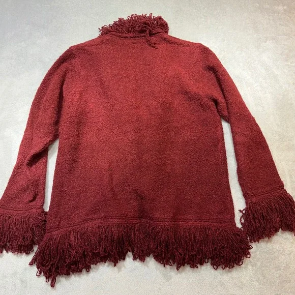 Vintage Y2K Shaggy Fringe Trim Knit Cardigan Burgundy Boho Whimsygoth Red Medium - Picture 2 of 11